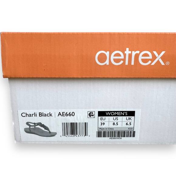 Aetrex Women’s Charlie Black Leather T-strap Thong Flat Sandal Size 8.5 NEW - Picture 11 of 11